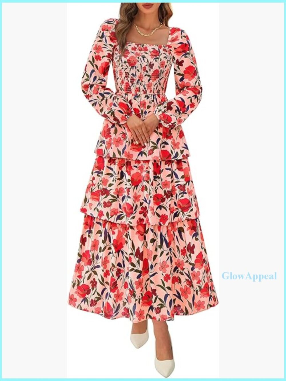 Long Sleeve Smocked Square Neck Floral Maxi Dress Tiered Ruffle Flowy